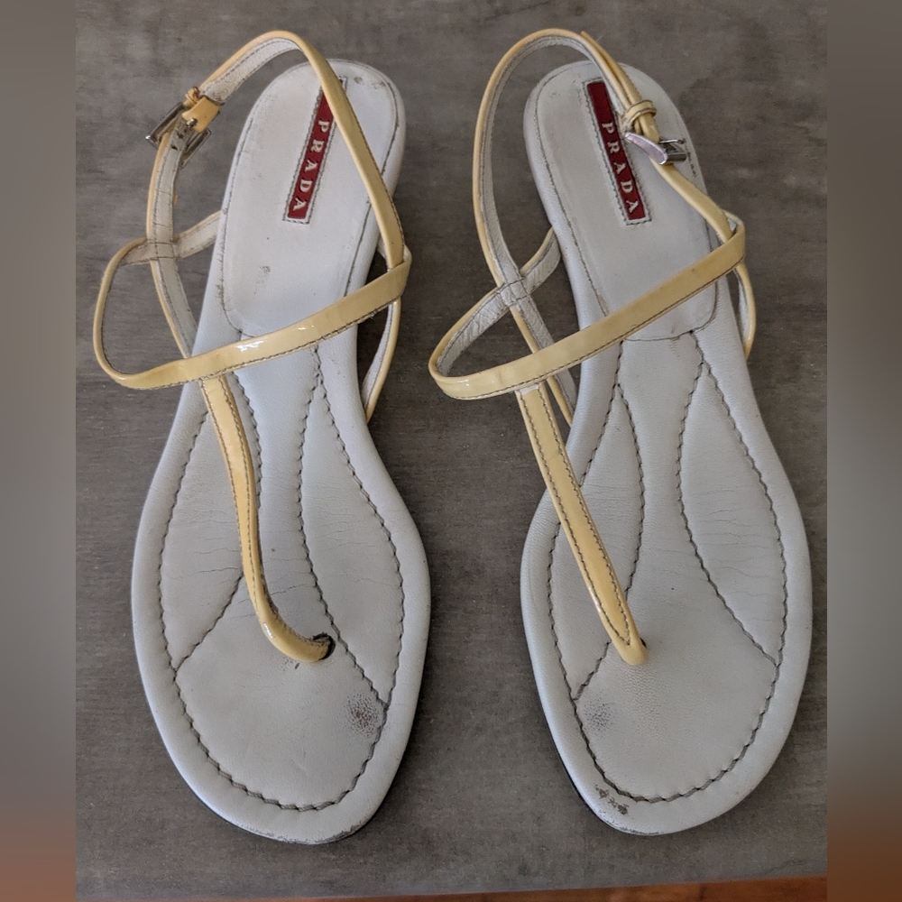 Prada Thong Wedge Leather Sandals Size 6